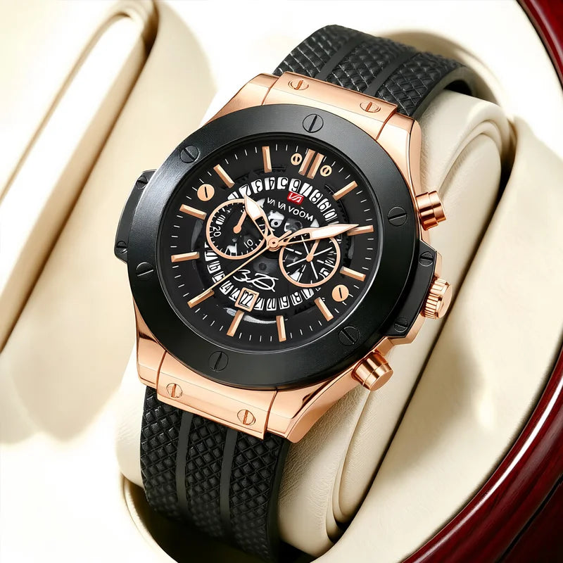 Men's Large Silicone Sport Watch 46mm Hollow Dial Rose Gold Military Style Quartz