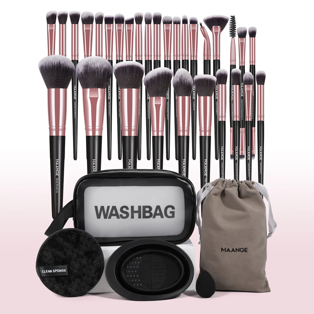 34-Piece Makeup Tools Kit with Brush, Sponge, Remover & Bag - Multiple Colors