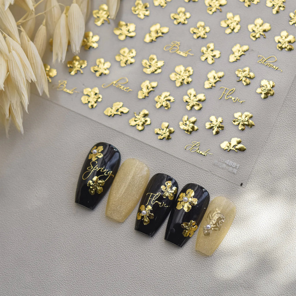 Gold Leaf Flower Bouquet Nail Art Stickers - 5D Self-Adhesive Manicure Decals
