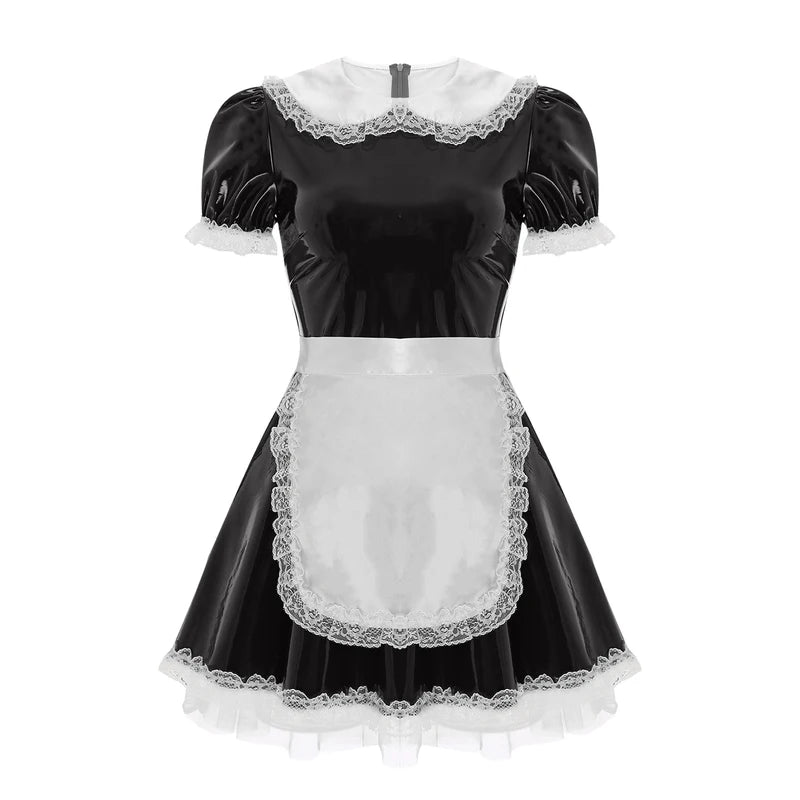 Women Men Maid Cosplay Dress with Apron - Glossy Patent Leather Nightwear Costume