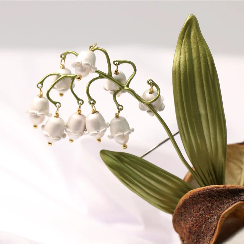 Pastoral Style Lily of The Valley Pearl Brooch Green Leaf Plant Jewelry