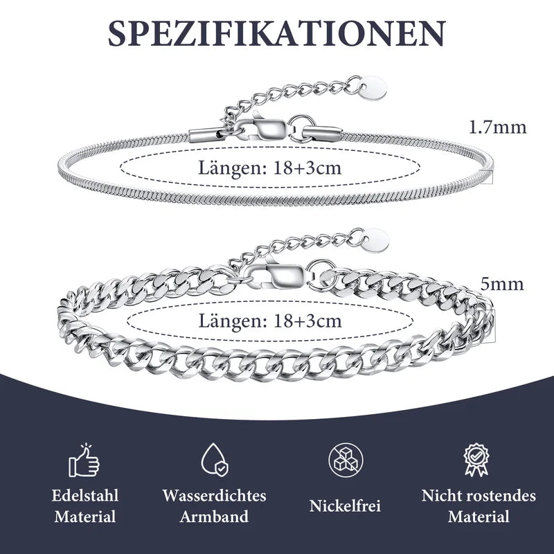 2pcs Men's & Boys Waterproof Stainless Steel Chain Bracelets - Stylish Gift for Dad & Him