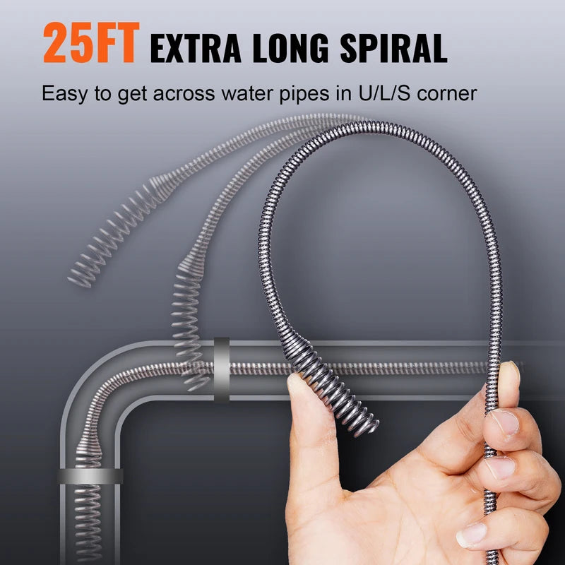 25Ft Manual & Electric Drain Auger Snake for Toilet Sewer Pipe Blockages