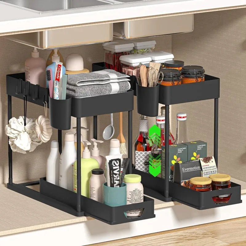 2-Tier Multi-Function Kitchen Sink Organizer with Sliding Drawers and Hooks