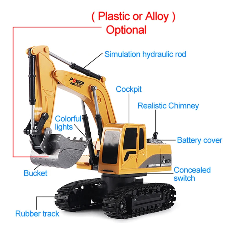 Remote Control Excavator Toy 2.4GHz 6 Channel Construction Vehicle for Kids