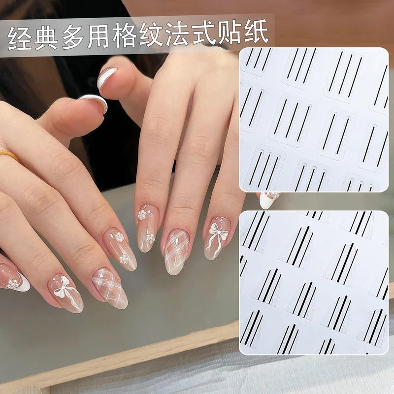 French Nail Sticker Set - Grid & Pattern Self-Adhesive Nail Art Decals