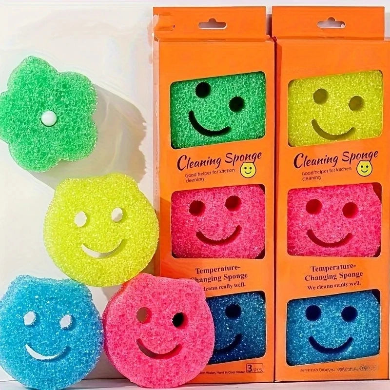 7pcs Smiley Face Temperature-Changing Cleaning Sponges - Colorful Kitchen Dishwashing Tools for Summer Grease Removal