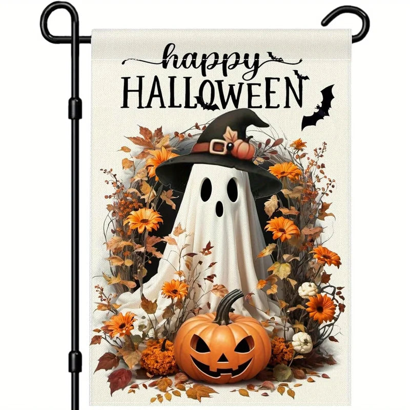 Halloween Garden Flag with Ghost Jack-o'-Lantern Bat Pumpkin and Flowers - Polyester Outdoor Decor