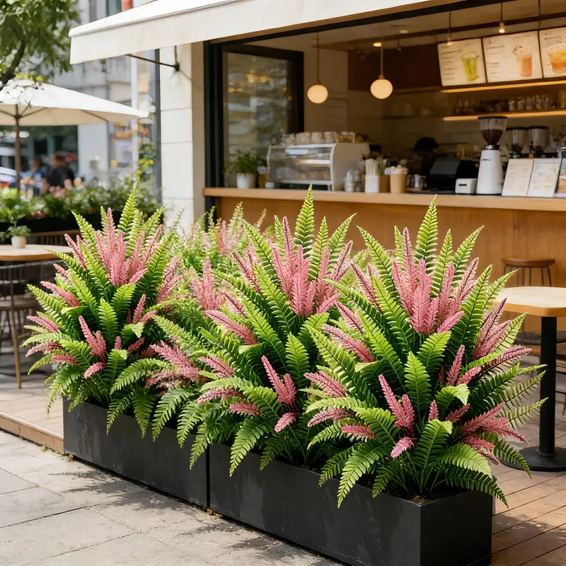 Outdoor Artificial Ferns with Faux Lavender and Ground Stakes - UV-Resistant Garden Decor, 2-Pack