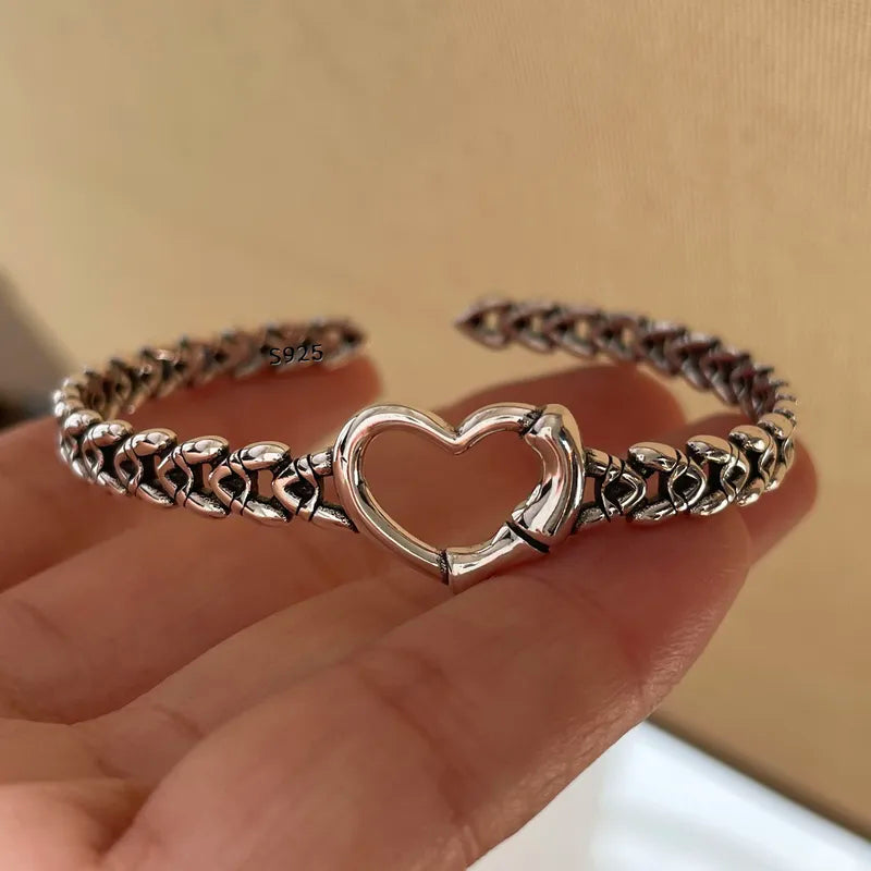 Solid 925 Sterling Silver Heart Chain Bracelet for Women Vintage Handmade Jewelry