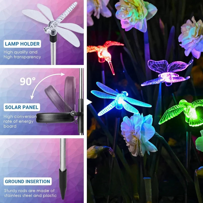 Solar Garden Stake Lights 3 Pack - Butterfly, Hummingbird & Dragonfly Outdoor Decor