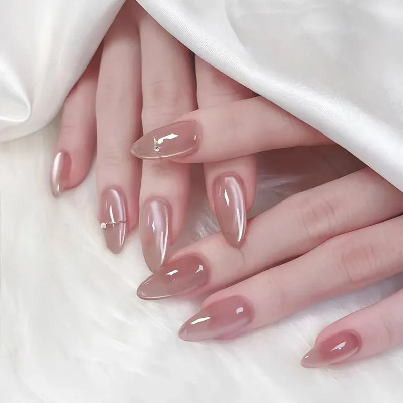 24pcs Almond Press-On Nails Tips with Blush Design - Short Oval Fake Nails for Manicure