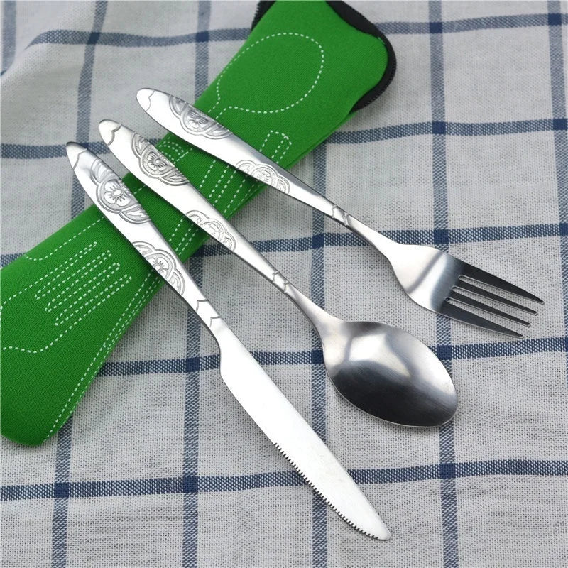 Portable Camping Tableware Set with Washable Zipper Pouch - 3-Piece Stainless Steel Cutlery Kit for Travel and Household Use