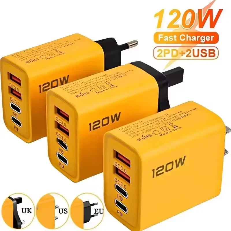 120W USB-C Fast Charger with Multiple Ports for Smartphones and Tablets