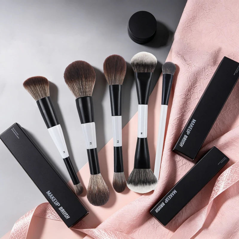 Dual-Head Contour and Powder Makeup Brushes Set - Synthetic Hair, Multiple Handle Colors