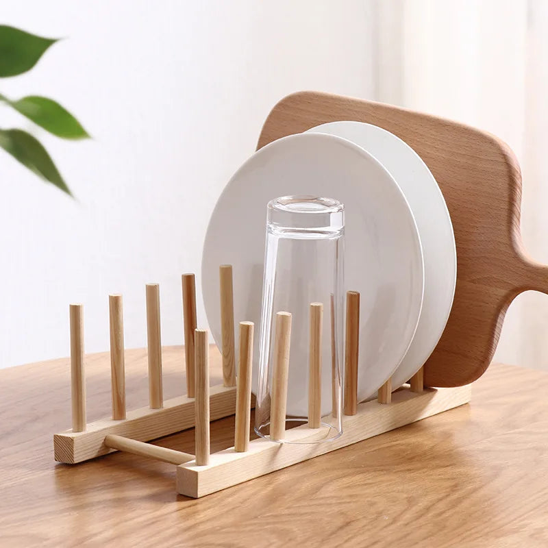 Wooden Plate Storage Rack Kitchen Organizer for Cups Cutting Boards and Books