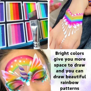 12-Color Rainbow Face & Body Paint Palette with Reusable PVC Stencils - Water-Based Creative Makeup Kit