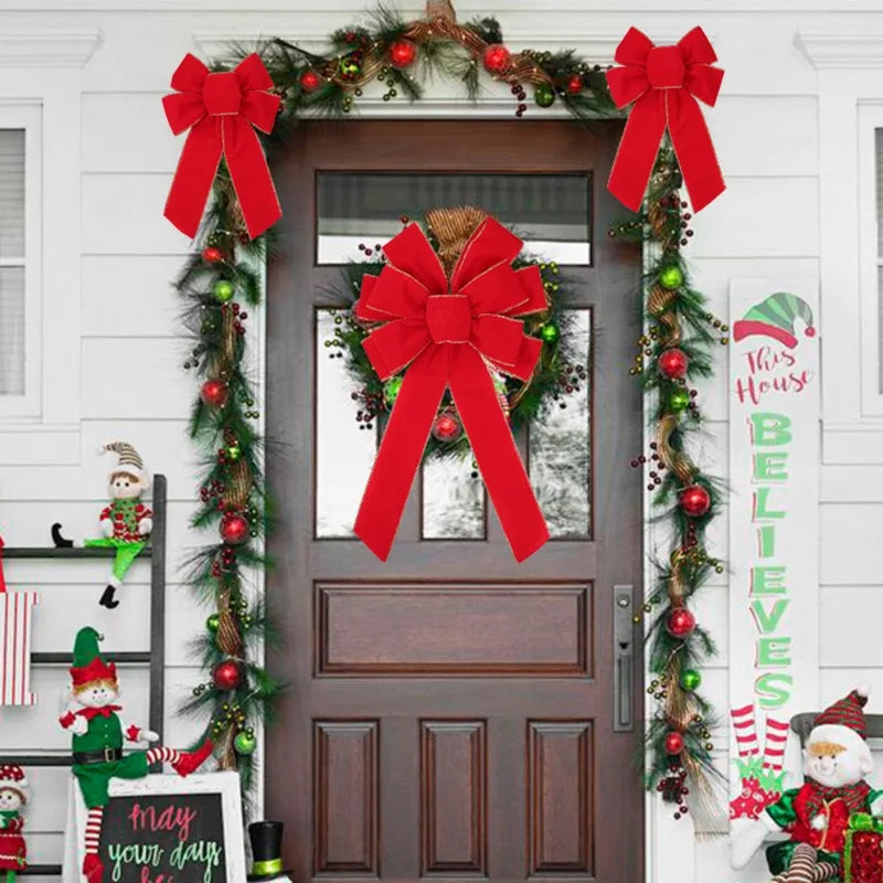 Large Velvet Christmas Bow for Outdoor Decorations - Red & Gold Edge
