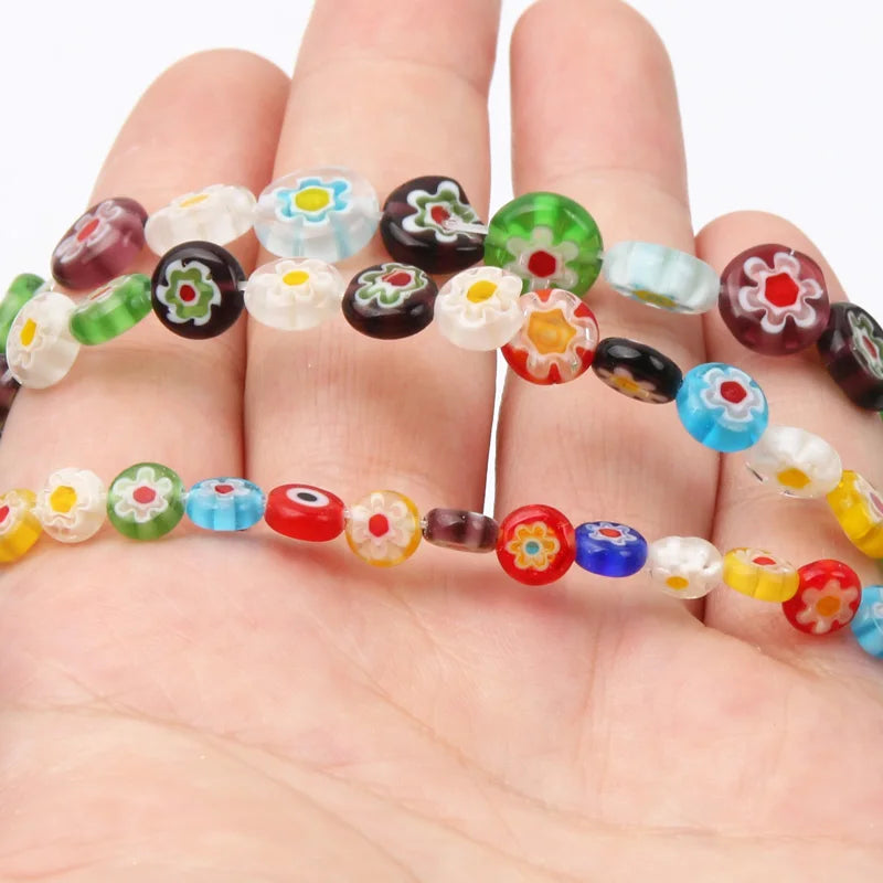 Glass Beads for Jewelry Making - Millefiori Flower Flat Round Spacer Beads