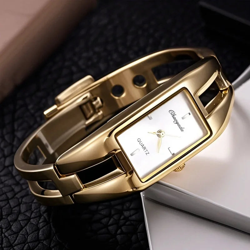 Luxury Rectangle Women Bangle Watch - Elegant Gold, White, Black Dial