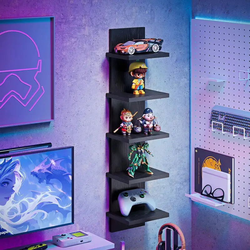 5-Tier Floating Wall Shelf - Space Saving Wall Mounted Organizer for Bedroom Living Room Office Black/Brown