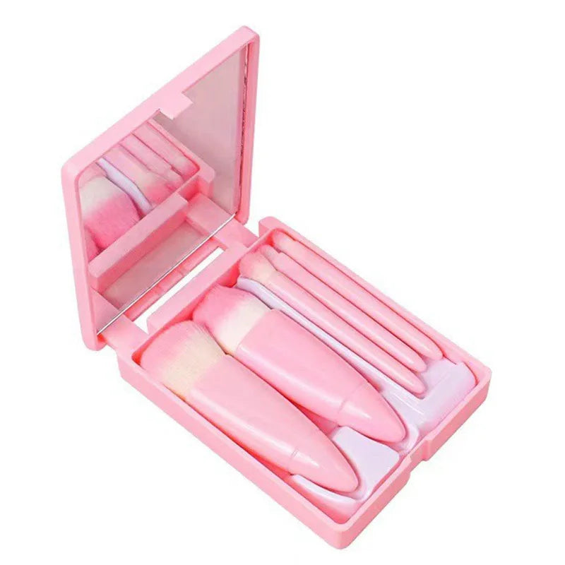 Foldable Makeup Brush Set with Mirror - Portable Travel Kit, 5-Piece Professional Cosmetic Brushes