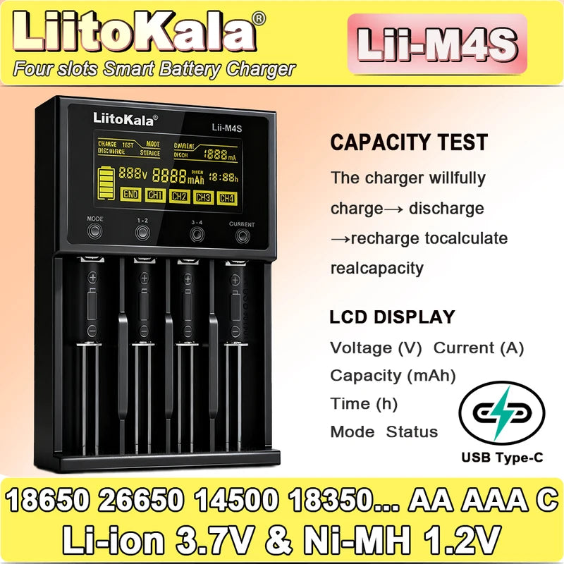 Smart 4-Channel Battery Charger with LCD & USB Power Bank for Li-ion Batteries