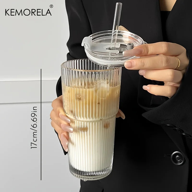 600ML Stripe Glass Coffee Cup with Lid and Straw - Transparent Drinkware for Cold Beverages
