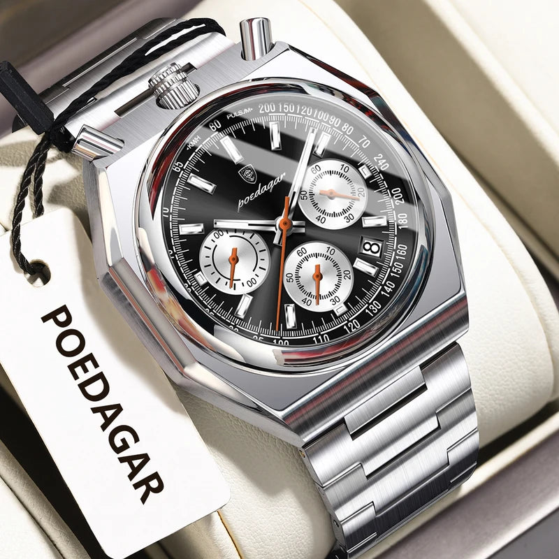 Men's Waterproof Chronograph Watch with Luminous Dial and Stainless Steel Band