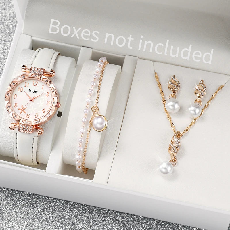 Fashion Women’s Quartz Watch Set with Leather Band and Rhinestones – Multiple Colors