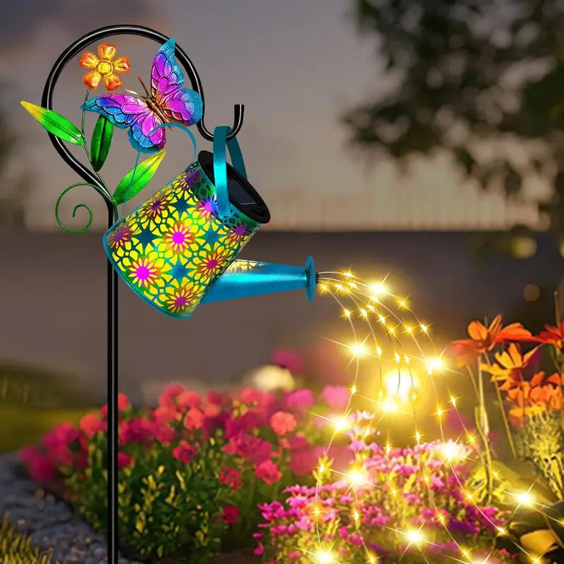 Solar-Powered Butterfly Watering Can Garden Decor with Lantern - Outdoor Lawn Accent
