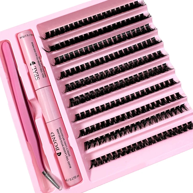 DIY Cluster Lash Kit with 8-16mm Mixed Length Eyelash Extensions, Tweezers, Bond & Seal for Self Application
