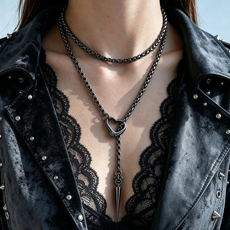Alloy Layered Y Shape Necklace with Hollow Heart and Spike Pendant - Gothic Punk Women’s Jewelry