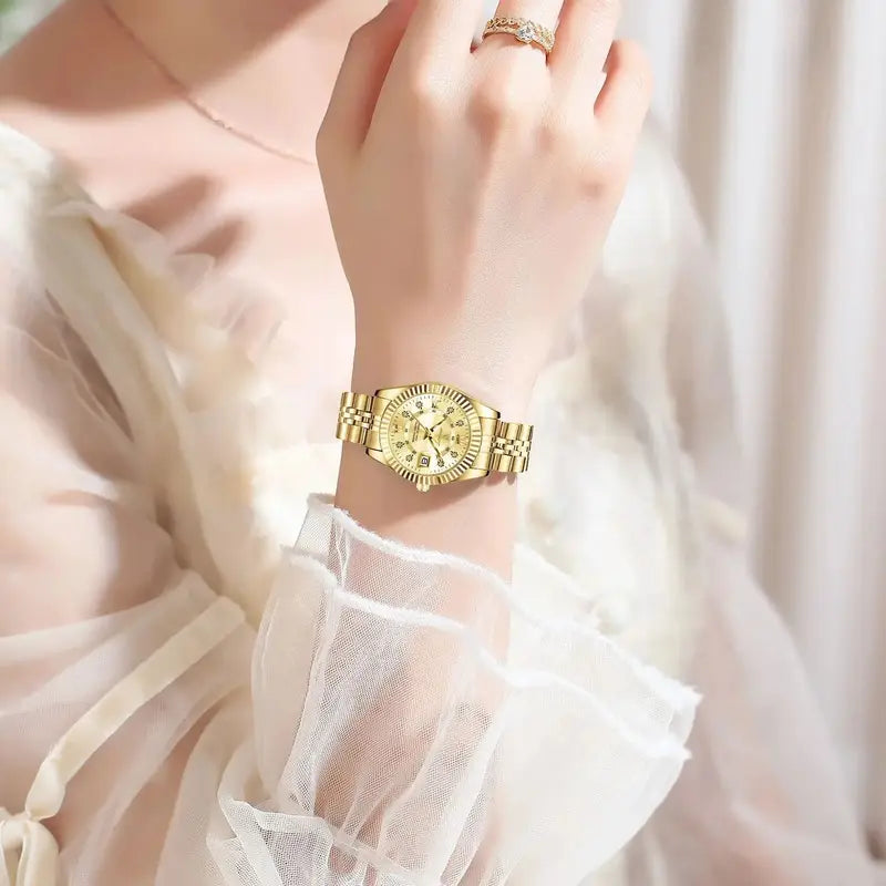 Women's Waterproof Luminous Date Stainless Steel Quartz Wristwatch - Elegant Ladies Watch