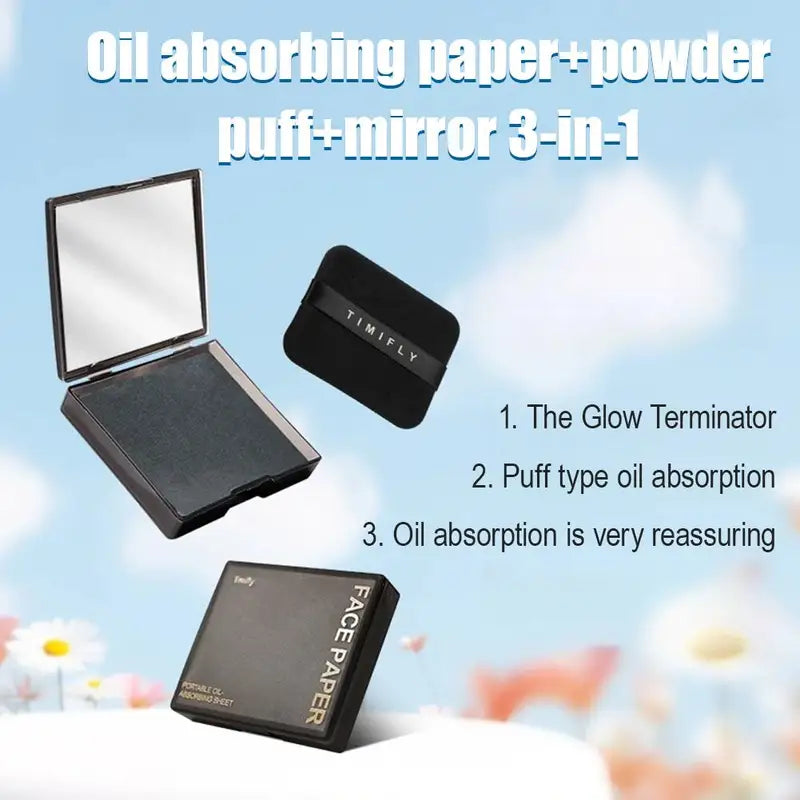 Facial Oil Blotting Paper with Mirror & Powder - Natural Bamboo Charcoal, Portable