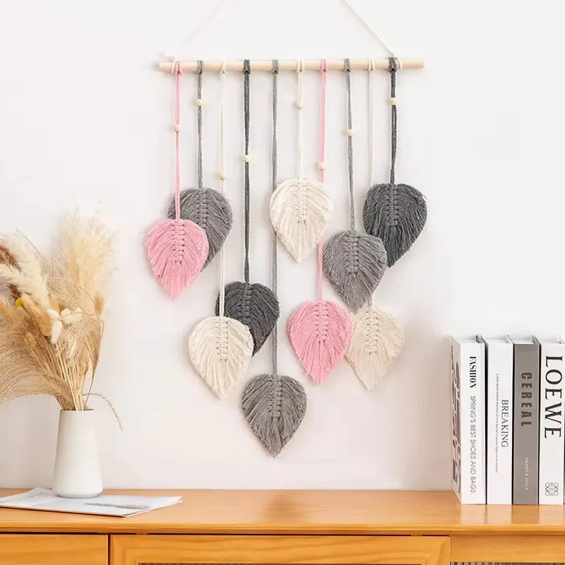 Handmade Woven Leaf Macrame Wall Hanging Bohemian Cotton Rope Decor for Bedroom & Living Room