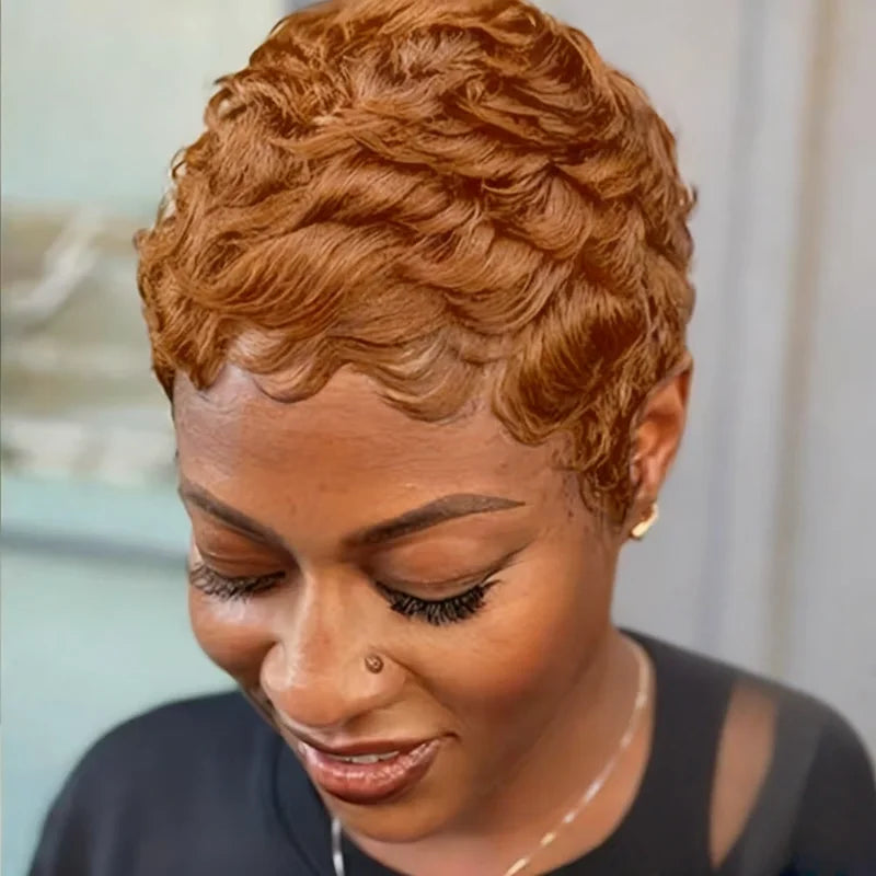 Natural Look Human Hair Pixie Cut Wig with Bangs - Full Machine Wig
