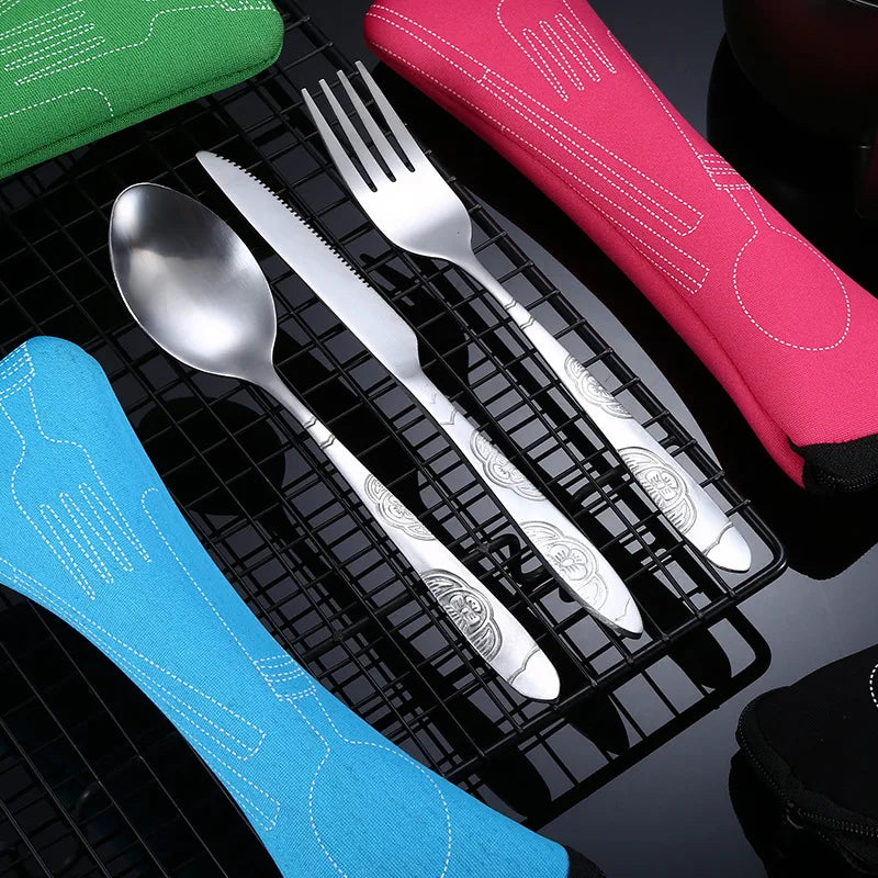 Portable Camping Tableware Set with Washable Zipper Pouch - 3-Piece Stainless Steel Cutlery Kit for Travel and Household Use
