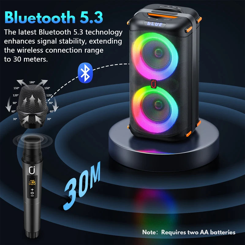 Wireless Bluetooth Karaoke Speaker with 2 Microphones, LED Lights, TWS Stereo, 24H Battery