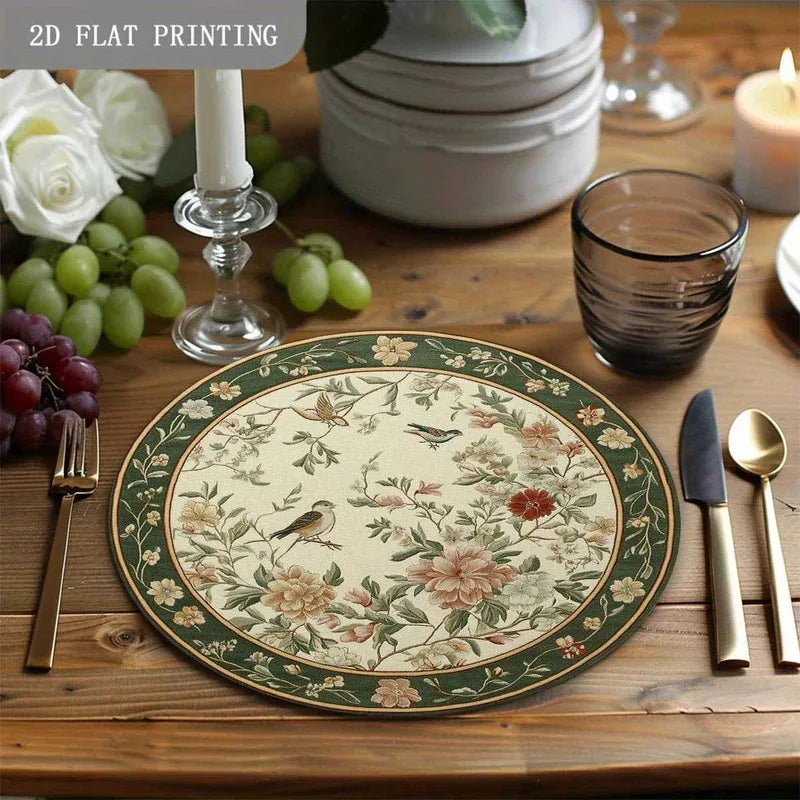 4-Piece Round Placemat Set with Floral Bird Print - Heat-Resistant & Non-Slip Linen Kitchen Decor