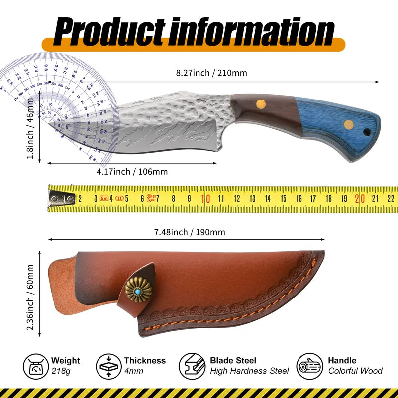 Damascus Fixed Blade Knife with Wooden Handle and Leather Scabbard - Easy Carry, Fast Cutting