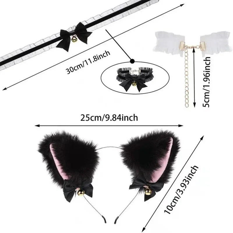 Halloween Cat Ears Headband & Necklace Set for Cosplay Costume - Black & White