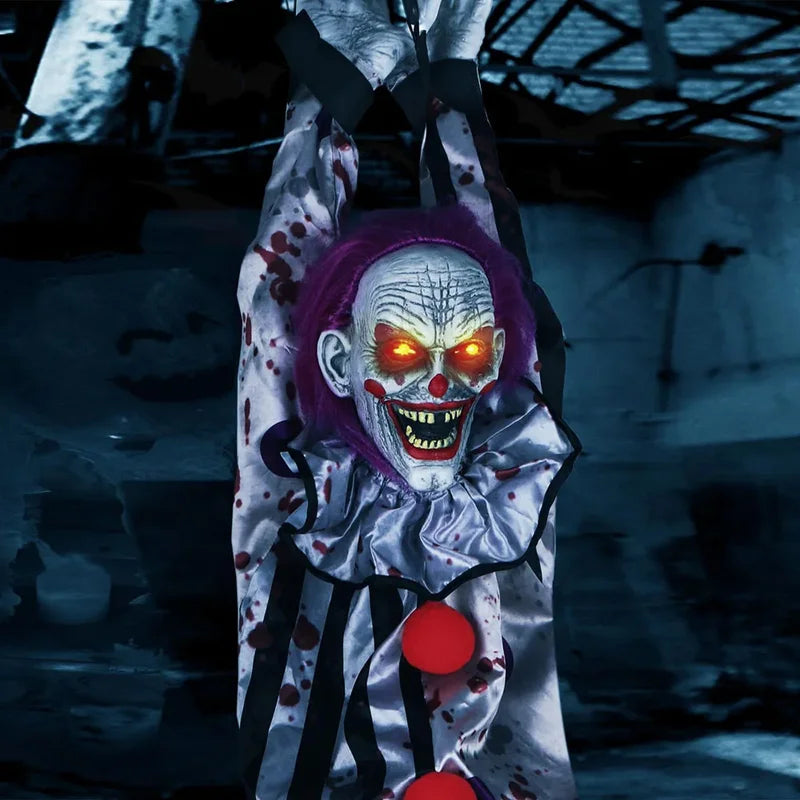 Halloween Hanging Clown Decoration with Sound & Light - Creepy Indoor/Outdoor Prop - 5.2FT