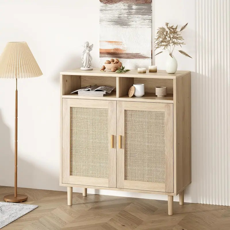 Modern Farmhouse Rattan Buffet Sideboard Cabinet - 63" Kitchen Storage