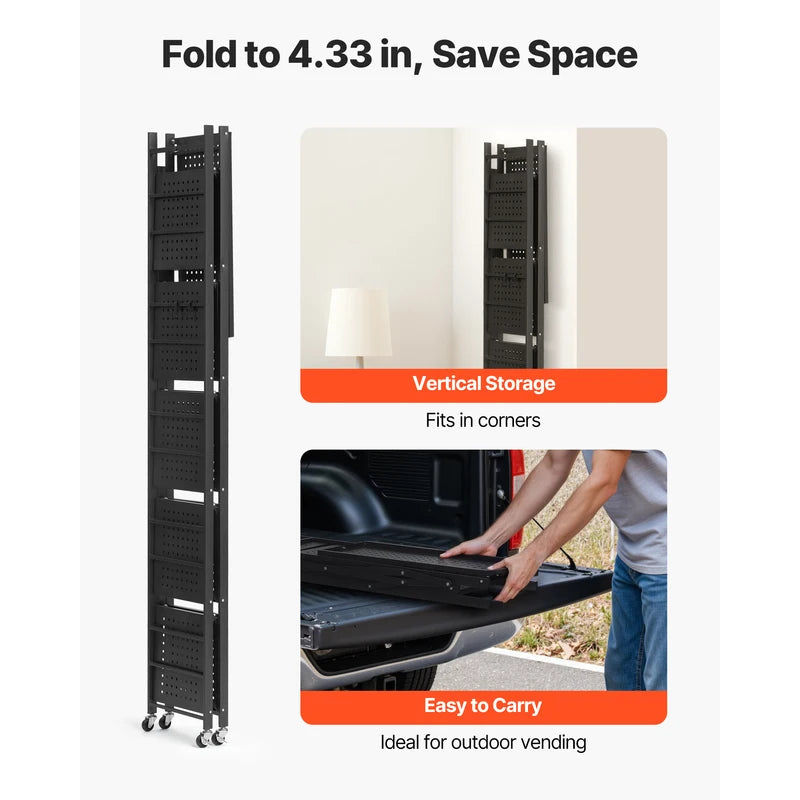 Foldable Mobile Storage Shelf with Wheels & Hooks, Space-Saving Organizer for Kitchen & Home