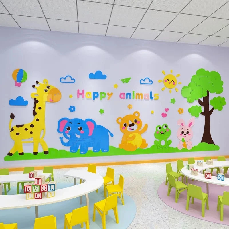 Kids Cartoon Animal Wall Stickers - 3D Acrylic Decor for Child Rooms