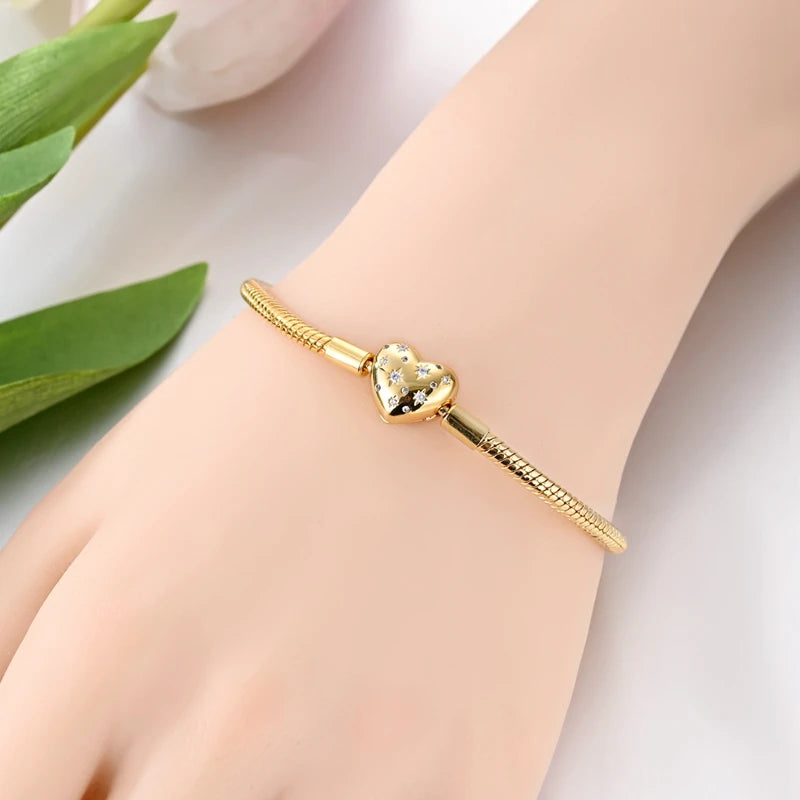 Sterling Silver Charm Bracelet for Women 17-20cm Heart Key Clover Jewelry Gift