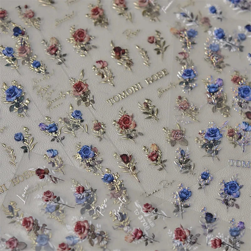 Japanese Vintage Rose Nail Stickers - Gold & Silver Laser Decals for Manicure