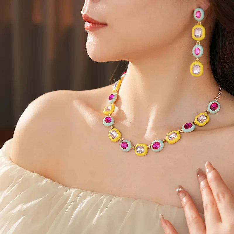 Colorful Square Oval Rhinestone Choker Necklace with Dangle Earrings Jewelry Set