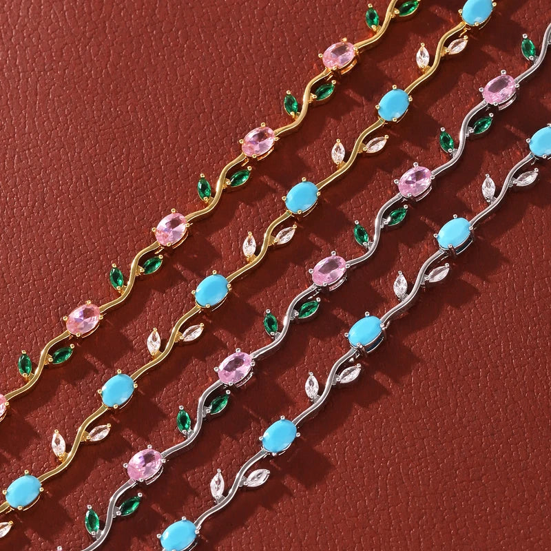 Pink Tulip Cubic Zirconia Wrist Chain with Vine Flower Design Jewelry for Women